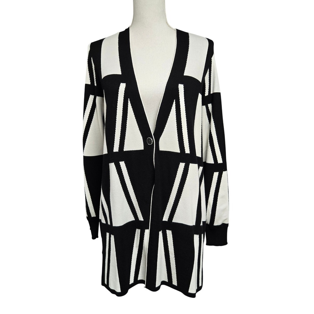 Chicos Black White Geometric Intarsia Longline Cardigan Sweater Womens Size 1 /M